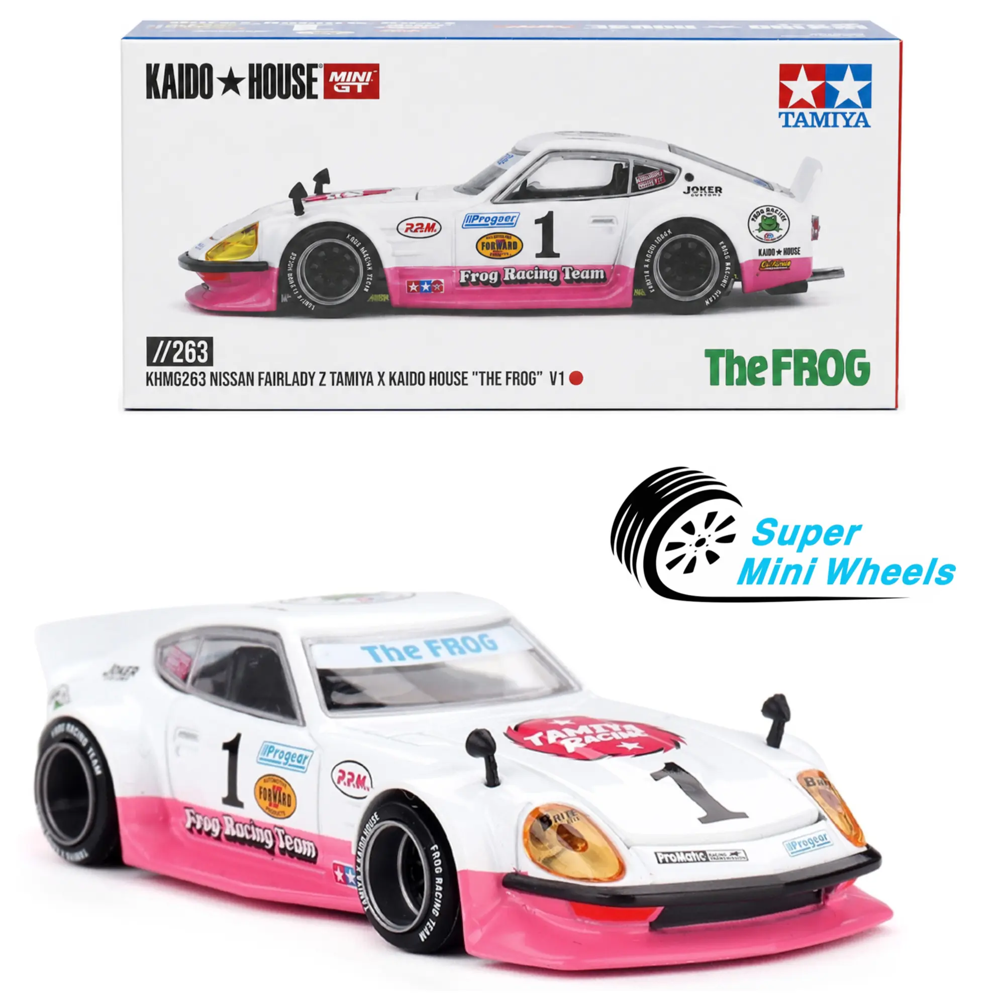 Kaido House x Mini GT 1:64 Nissan Fairlady Z Tamiya x Kaido House The Frog V1 – White/Pink KHMG263