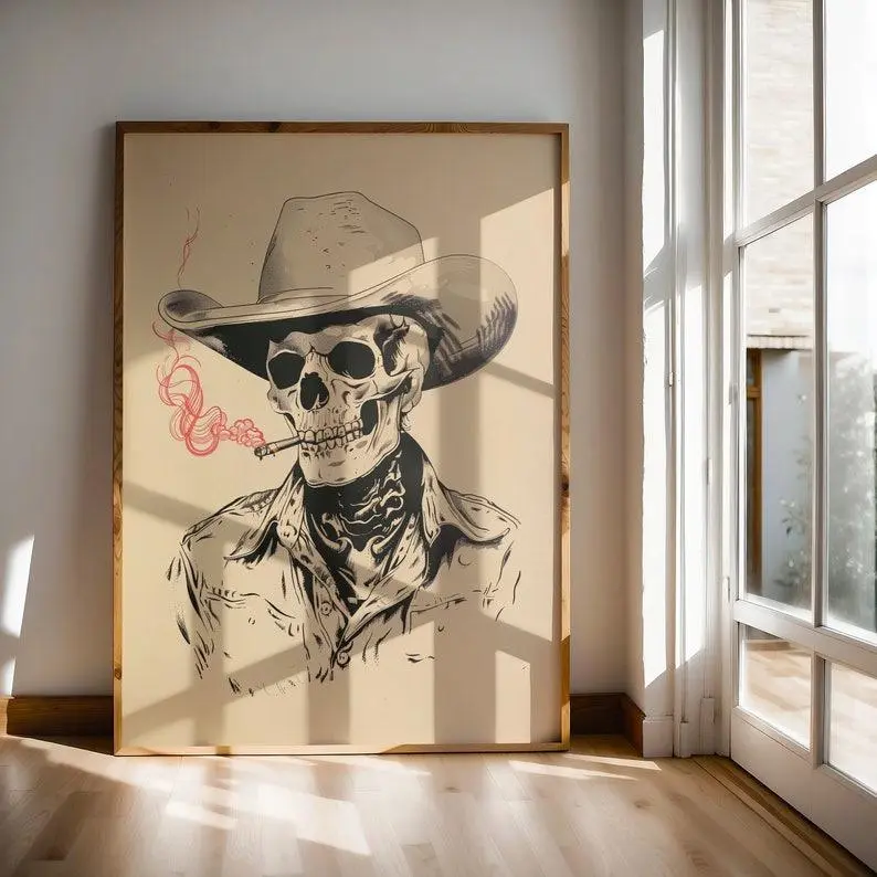 Skeleton Cowboy Artistic Waterproof Unframed Wall Print - Unframed Style Vintage Home Decor, Funky Bar Display, Rustic Eclectic Living Room Accent