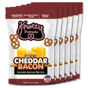 Smoky Cheddar Bacon 6pk. Knotty Pretzels - "The Official Pretzel of Beer" 7.5 Ounce Individual Seasoned Pretzel in Resealable Snack Bags - Smokey Cheddar Bacon (6 Pack)