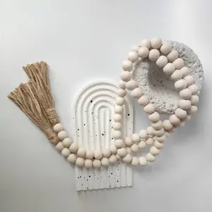 Farmhouse Beads Wood Bead Boho Tassel Garland - Rustic Design Country Boho Chic Decor for Wall, Above Cabinet & Table