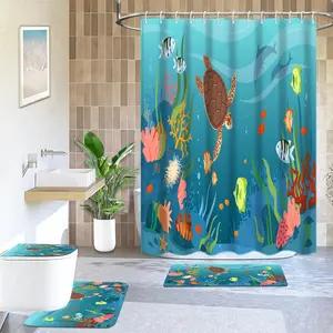 Cartoon Turtle Pattern Bathroom Decor Set, 4 Counts/set Including 1 Shower Curtain, 1 Toilet U-shape Mat, 1 Rectangular Mat, 1 Toilet Lid Cover, Bathroom Accessories