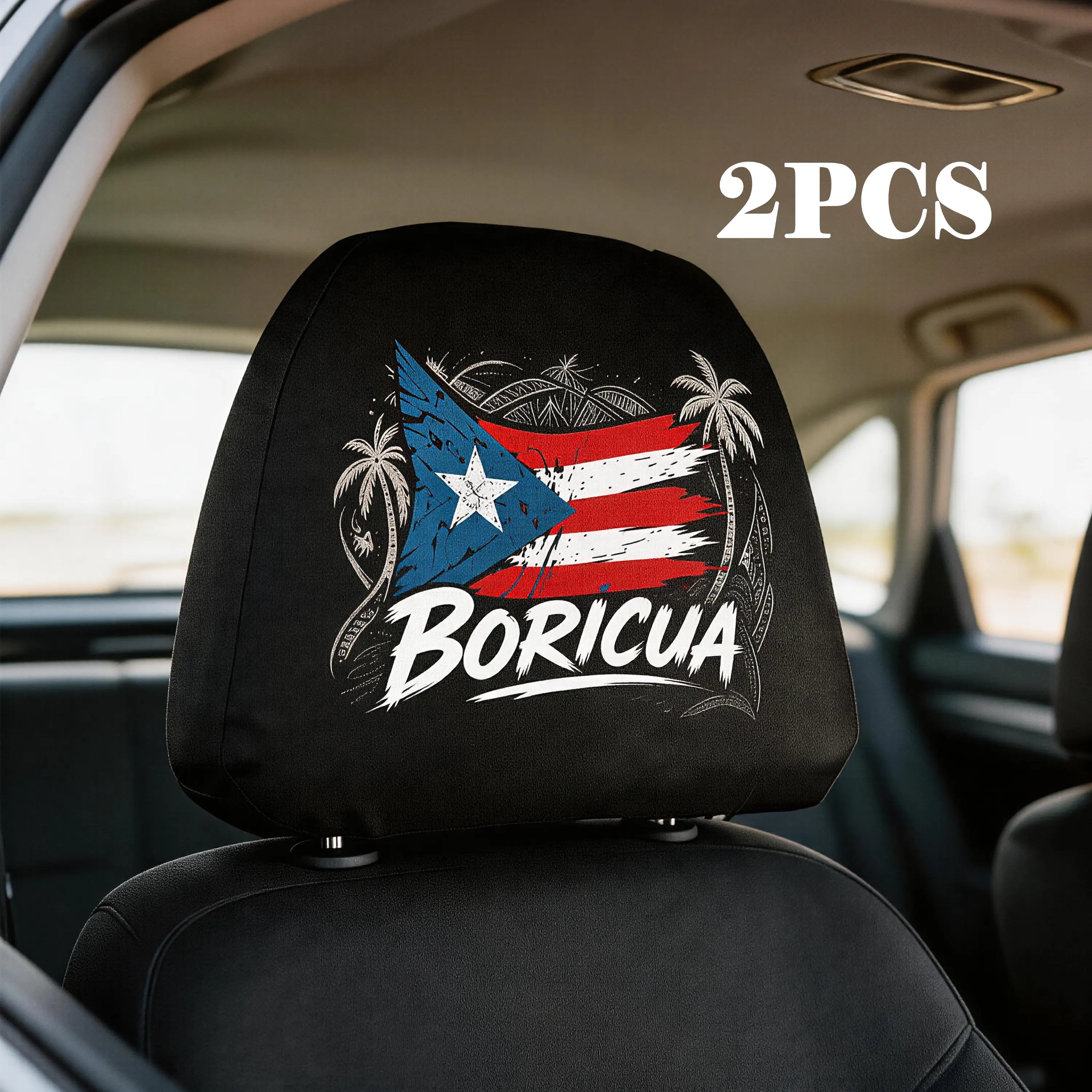 Puerto Rico Flag Print Car Headrest Covers (2 Pieces) - Polyester Elasticity Auto Interior Accessories, Removable Upholstery Guard Boricua Auto Decor, Flexible