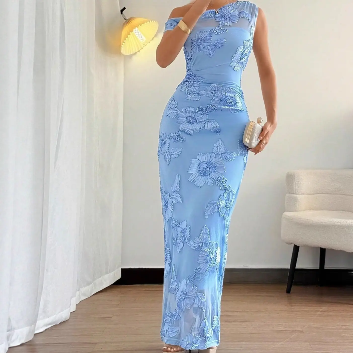 2026 Women's Elegant Off-Shoulder Mesh Lace Midi Bodycon Dress with 3D Floral Applique for Formal Party, Evening Events