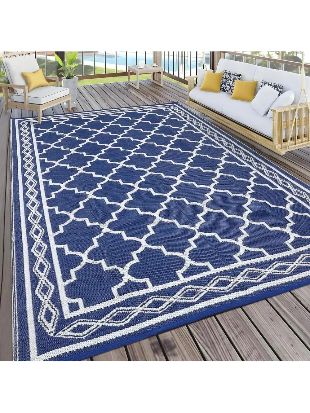 Multicolor Outdoor Patio Rug - 9x18ft Rectangular Waterproof Plastic Straw Rug, Vibrant Geometric Print, Reversible Dark Blue & White, Lightweight Portable, UV-Resistant, Stain-Resistant for Backyard, Beach, Multicolor Rug