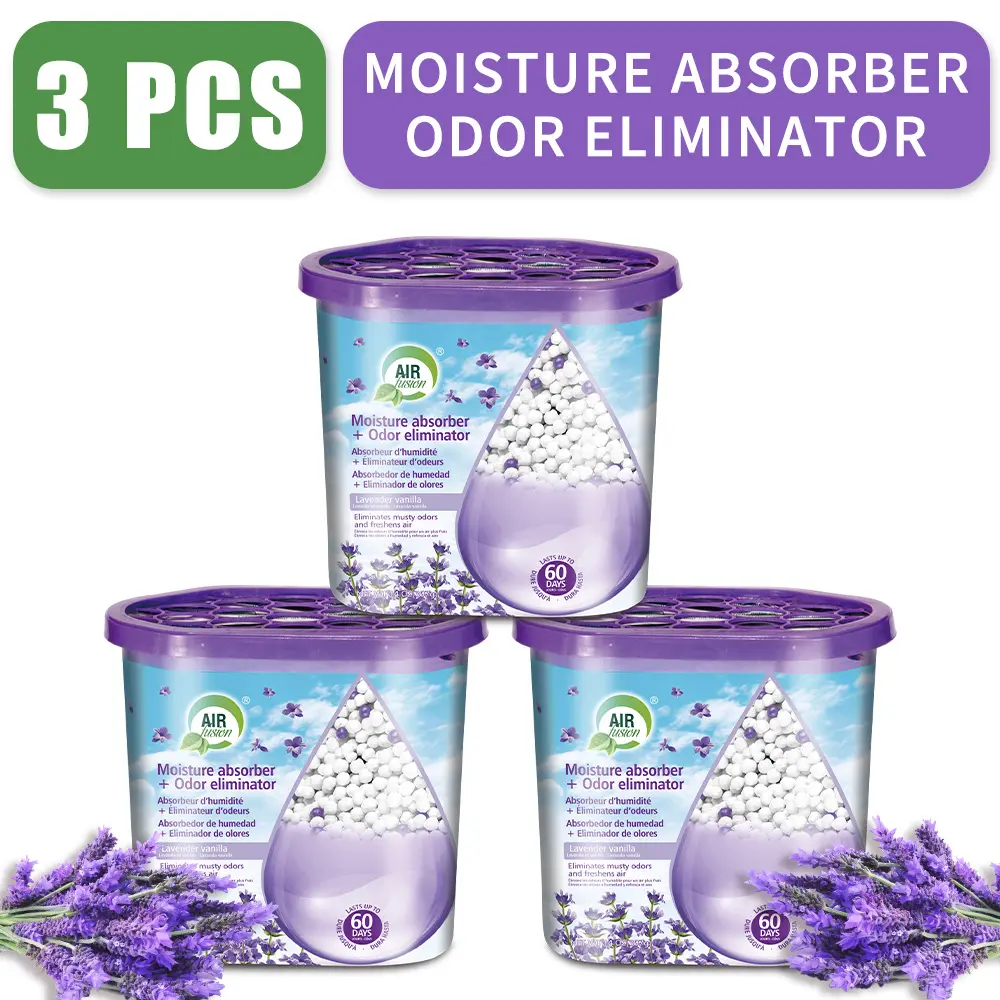 Air Fusion 3-Pack(14 oz) Portable Box Dehumidifier Set - 3-Pcs Activated Bamboo Charcoal Moisture Absorber, Multi-Scented Deodorizer Freshener with Vanilla Scents, Lavender, Jasmine Blossom for Indoor Closets, Bedrooms