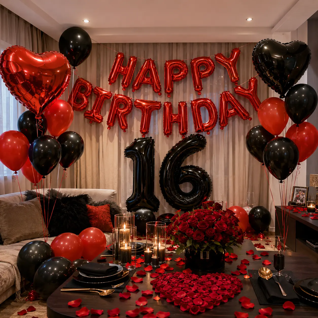 Red Black Birthday Balloon Set, Happy Birthday Foil Letter Balloons, Red Black Latex Balloons, Heart Foil Balloons, Rose Petals, Romantic Birthday Party Decorations for Women Men Adults
