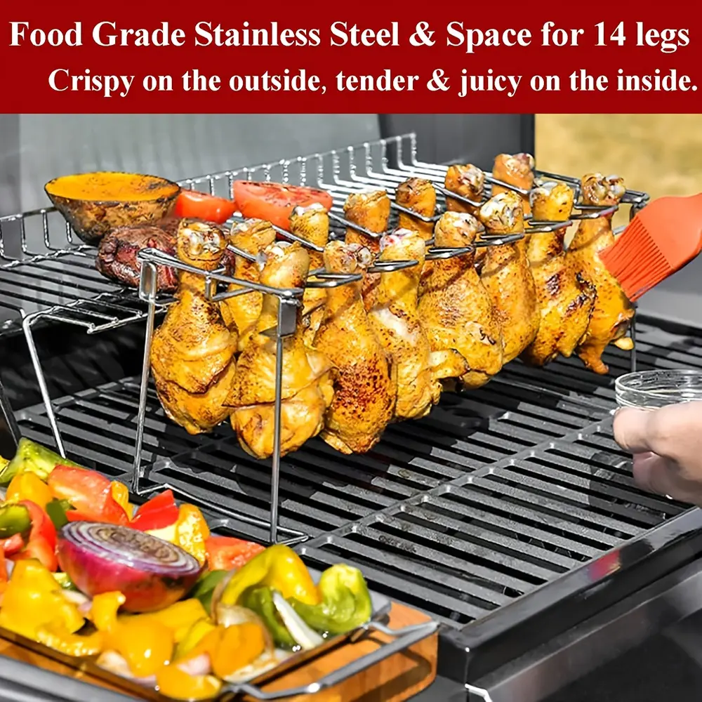 14 Slots Stainless Steel Chicken Leg & Wing Rack with grill brush - Foldable Vertical Roaster Stand for BBQ, Smoker, Oven - Ideal for Picnics, Camping, Cooking - Easy Storage Kitchen Accessory, Barbecue Accessories