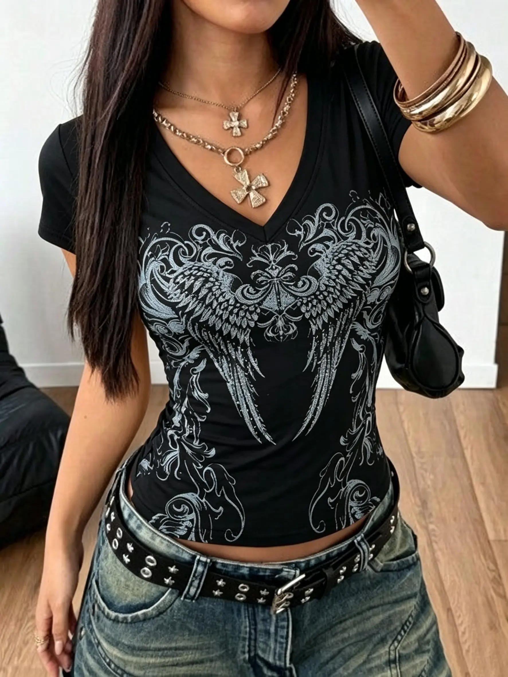 Grunge Vintage Top Summer Black Printed T-Shirt Waist Slim Fit Short Sleeve for Women Y2k top Wing pattern Summer short sleeves
