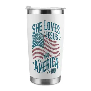 20oz Insulated Stainless Steel Tumbler, He Loves Jesus and America Too, Vintage Distressed American Flag, Patriotic Christian Design, Leakproof Lid With Metal Straw, Car Cup Holder Friendly, Keeps Drinks Cold & Hot