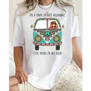 On A Dark Desert Highway Hippie Van Graphic Cotton T-Shirt, Cute Oversized Crew Neck Outfit, Comfort Fashion Tee, Perfect Valentine's Day Holiday Gift For Her