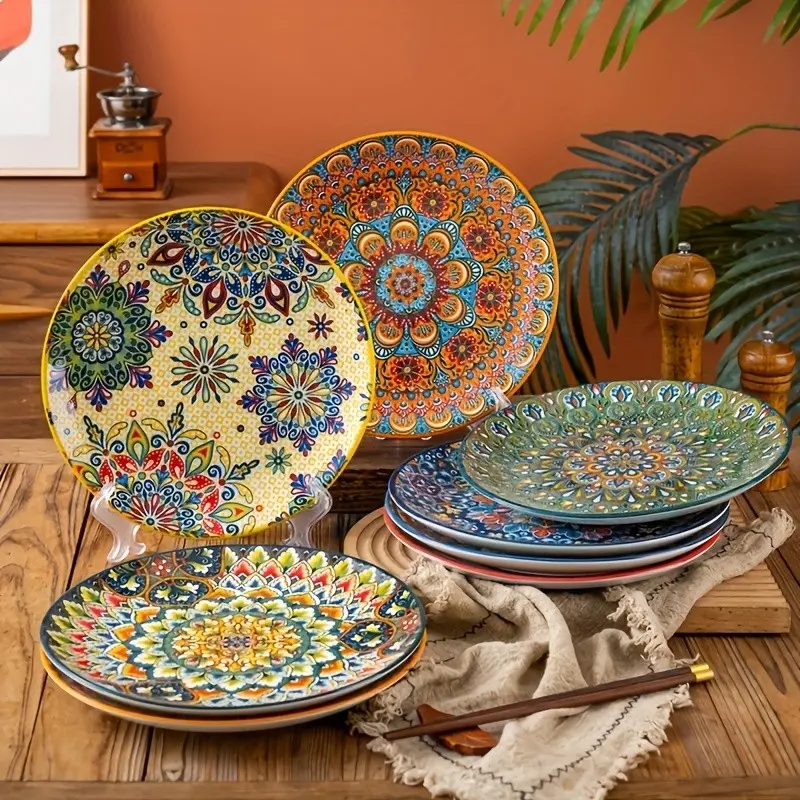 Bohemian Ceramic Plate, Tableware, Dinnerware, Hand-Painted Multicolor Design, Microwave & Dishwasher Safe, Perfect for Steak, Breakfast, Home, Restaurant Use