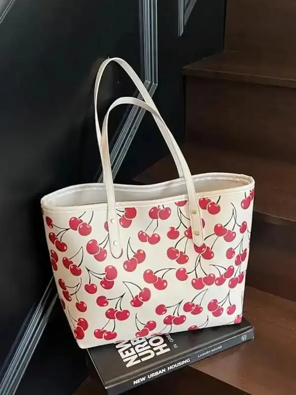 Cherry Fruit Pattern Printed Tote Bag, Fresh One Shoulder Underarm Handbag, Casual Fashionable Cute Daily Commuting Available, must have accessory, fashion essential, daily essentials, everyday carry, trendy design