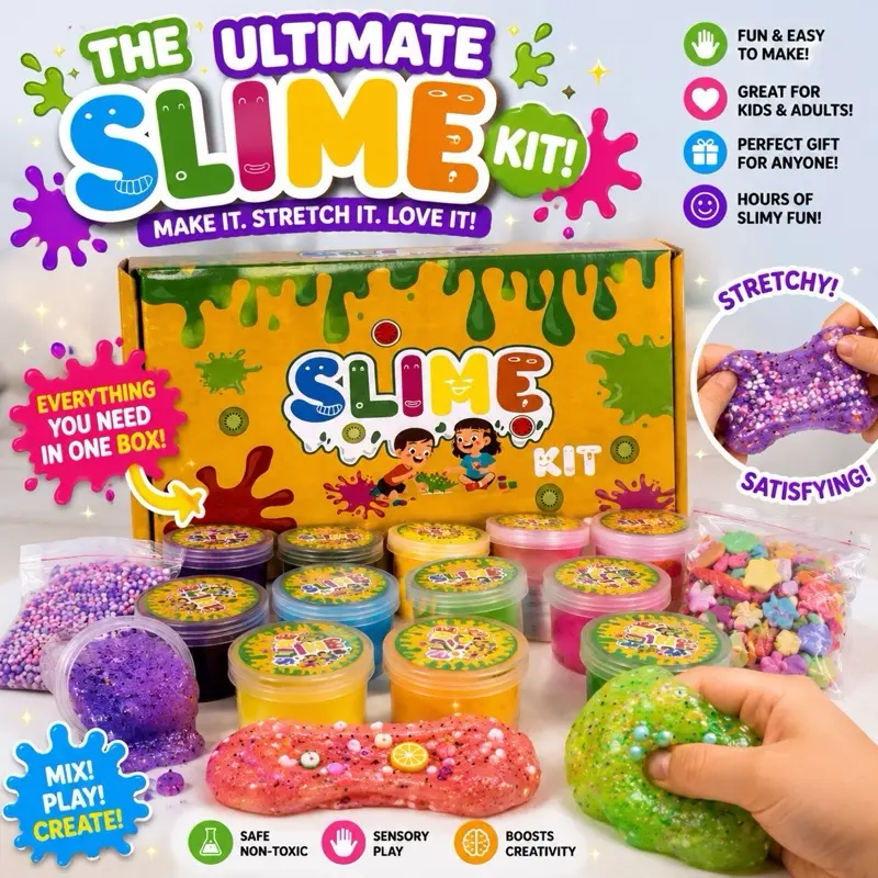DIY Slime Kit with Charms & Mix-Ins - Colorful Stretchy Unisex Kids Sensory Craft Set for Stress Relief, 6+ Ages Fidget Toy for 6-8 Years Rainy Days DIY Craft Activity, Encourages Creativity