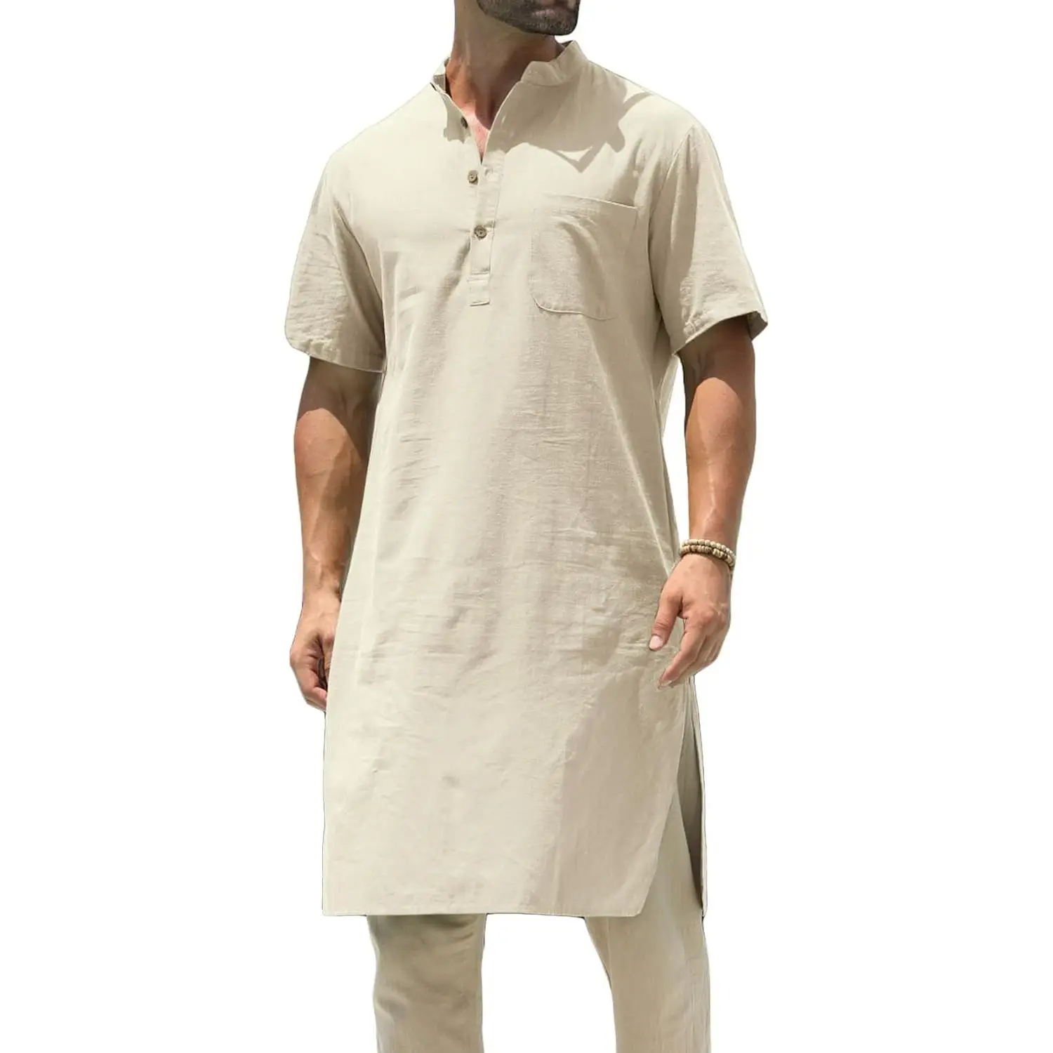 Beotyshow Mens Kurta Cotton Linen Henley Shirts Kaftan Short Sleeve Lounge Plain Gown Shirt