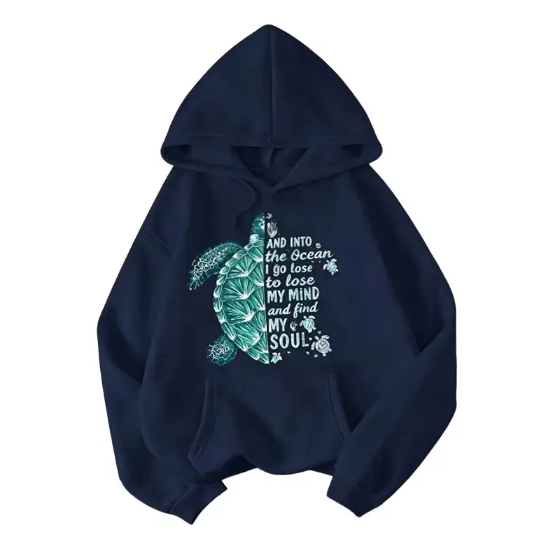 Women's Plus Size Casual Turtle Neck Slogan Print Drop Shoulder Cotton Hoodie Sweatshirt - Fashion Solid Fabric, Comfortable Autumn/Winter Breathable Womenswear, Hoodies For Women, Pullover Hoodie