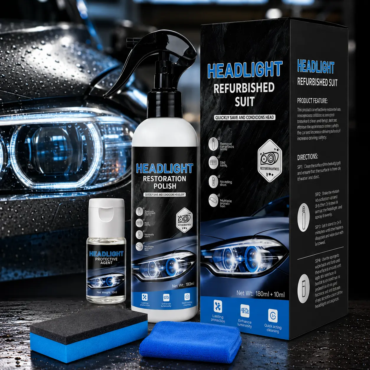 Car Headlight Refurbishing and Restoration Kit, Odorless Safe Formula with 180ml Spray and 10ml Protection Liquid, Easy Application without Disassembling for Yellowed Blurry Headlight Maintenance, Daily Commute Essential, Surface Cleaner, Private Cars