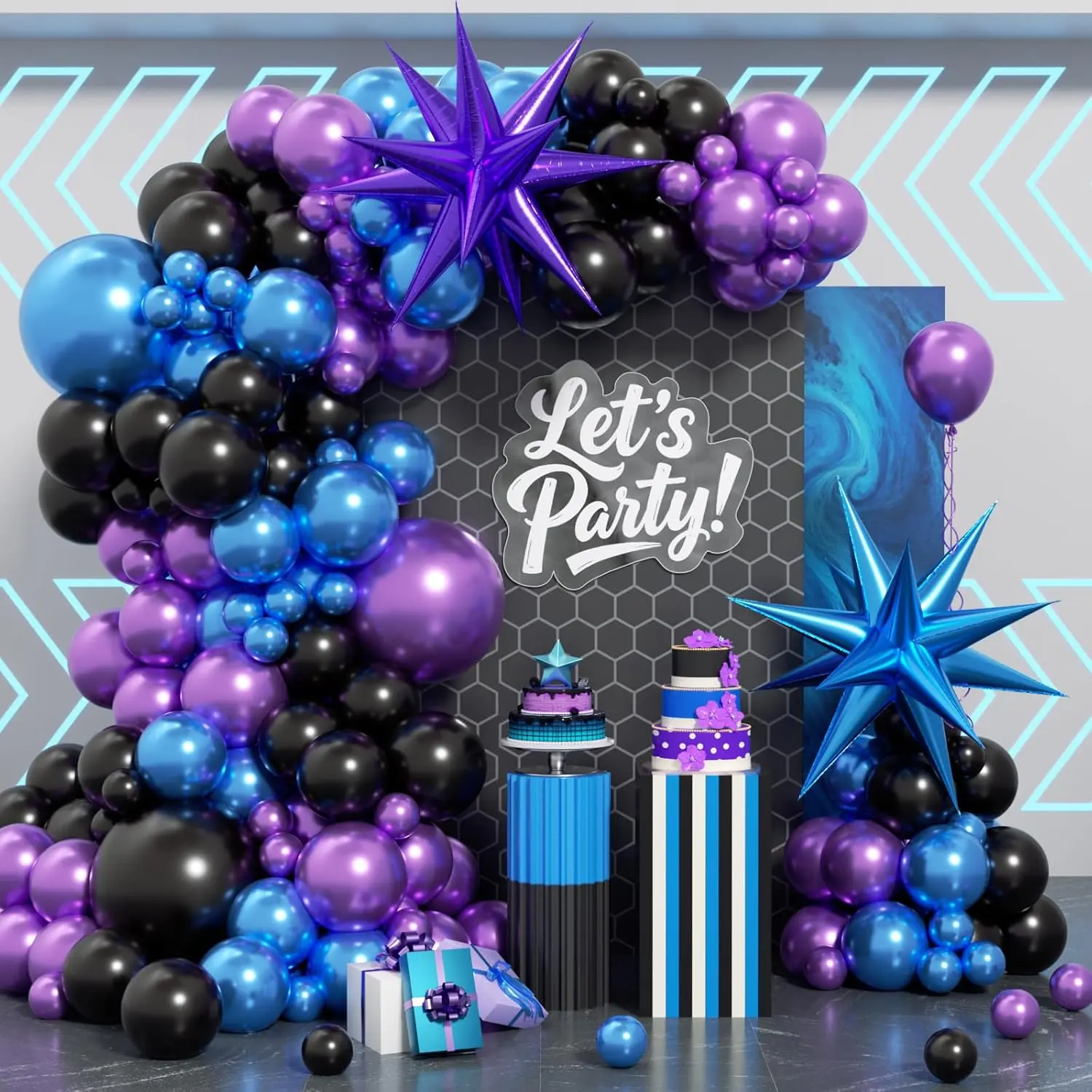 125 Piece Blue, Black & Metallic Purple Balloon Arch Kit for Video Game Themed Birthday Decor