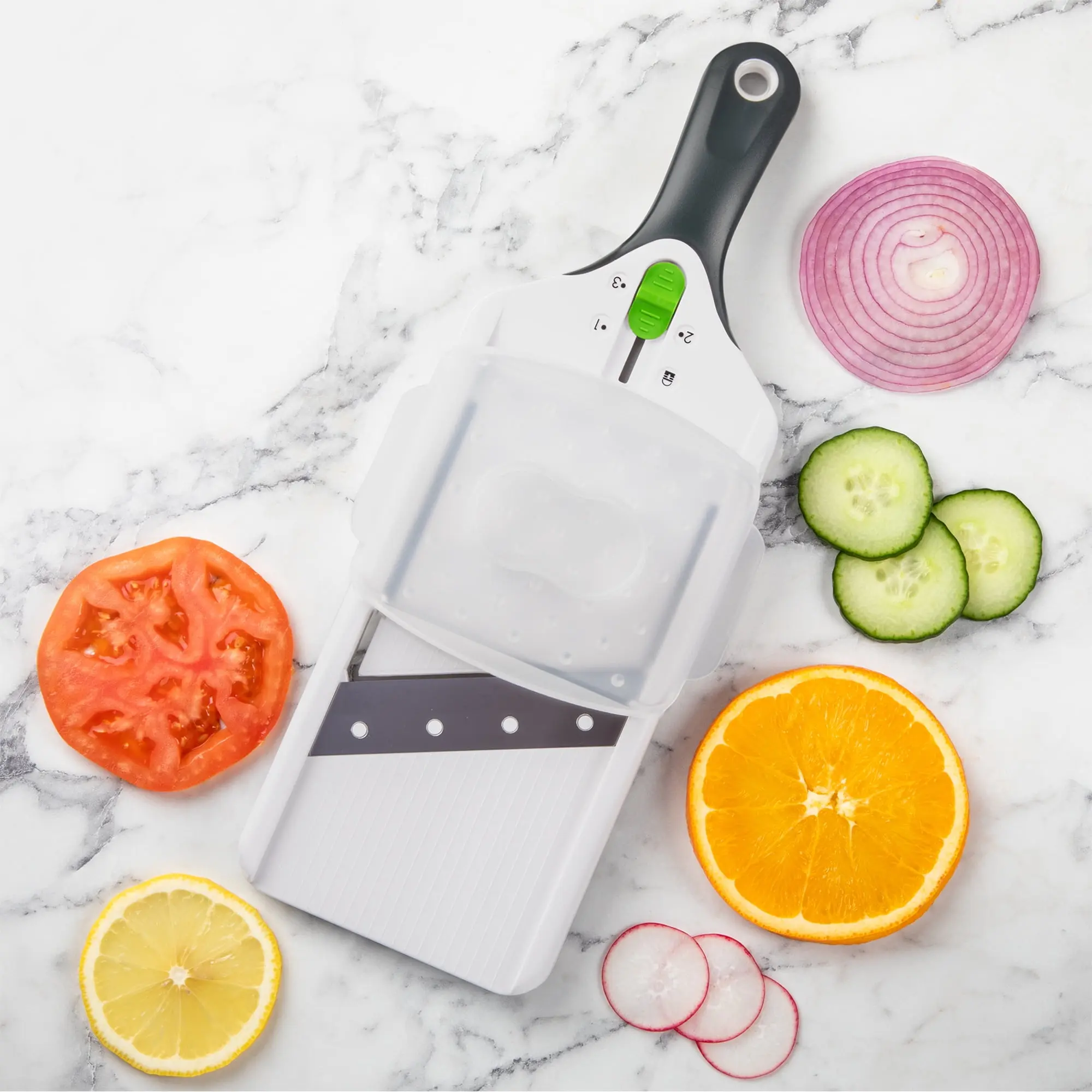 Handheld Adjustable Mandoline Slicer with Stainless Steel Blade - Thumb Dial, Safety Guard, Ergonomic Handle, Dishwasher-Safe Kitchen Utensil for Meal Prep, Healthy Meal Prep
