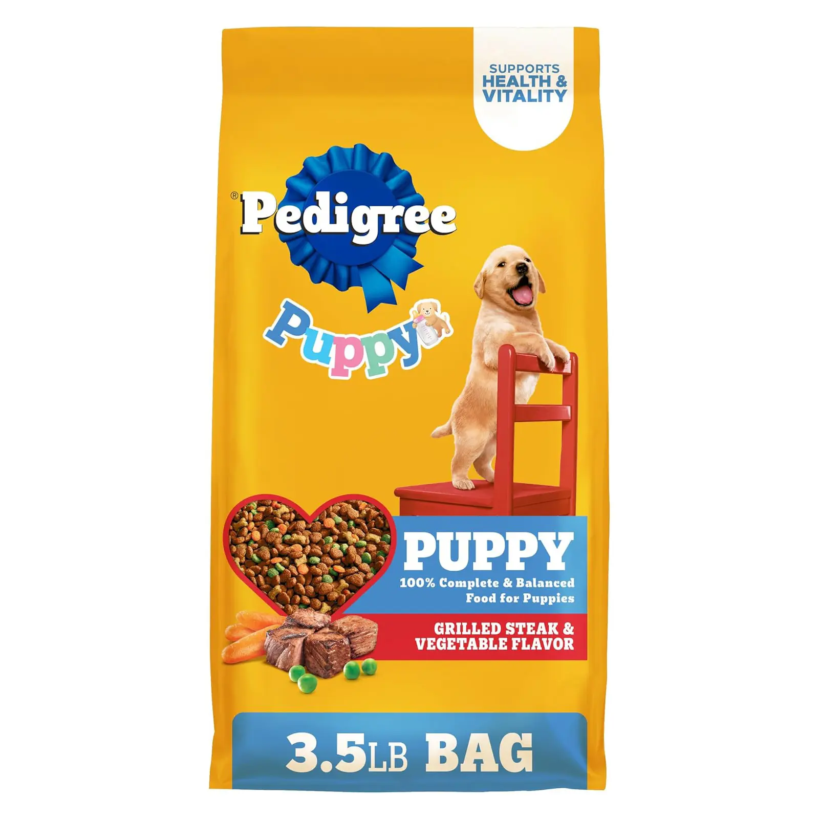 Pedigree Puppy Dry Dog Food, Grilled Steak & Vegetable, 3.5 lb 100% complete & balanced, 36 vitamins & minerals, nutrients similar to mother's milk, supports brain development