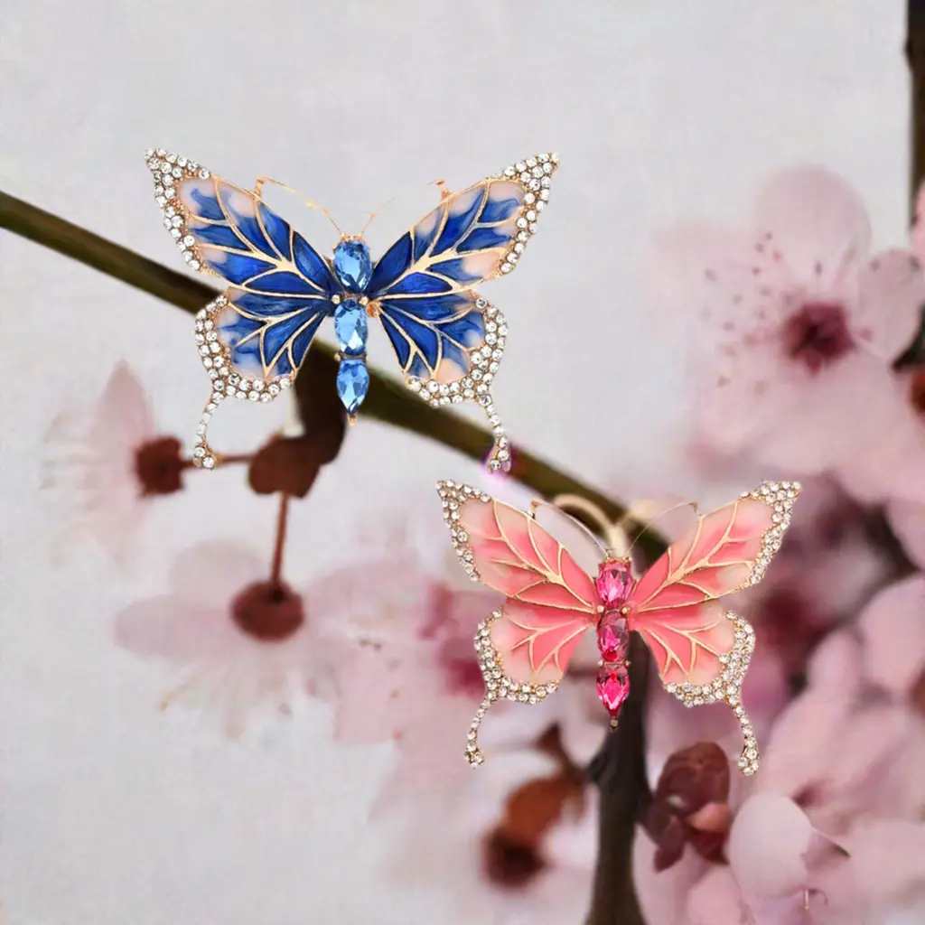 Elegant Blue Pink Rhinestone Butterfly Luxury Brooch Pin - Elegant Design with Unique Rhinestone Accents