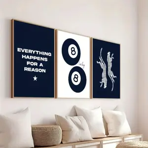 3 Pieces Optional Wooden Frame Retro Navy Blue 8 Ball Lucky Girl Cheetah Abstract Canvas Print Poster Modern Funky Animal Art Decor Style Personalized Poster Modern Abstract Design Artistic Decoration