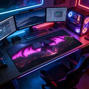 Mythical Purple Glowing Dragon Wing Large Gaming Mouse Pad, Non Slip Mousepad, Non-Slip Rubber Base Stitched Lock Edge Desk Mat, Dark Fantasy Design, Durable Computer Accessory for Home Office & Gaming Setup, Gift for Gamer & Dragon