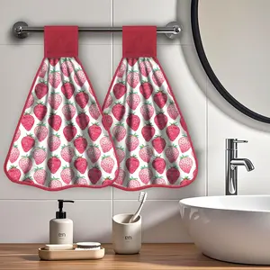 2 Piece Strawberry Theme Kitchen Hand Towels with Hanging Loops Absorbent Dish Oven Towel, Fast Drying Hanging Towels Spring Decor for Home Kitchen Bathroom, Spring Vintage Hand Tie Towels Decor for Farmhouse