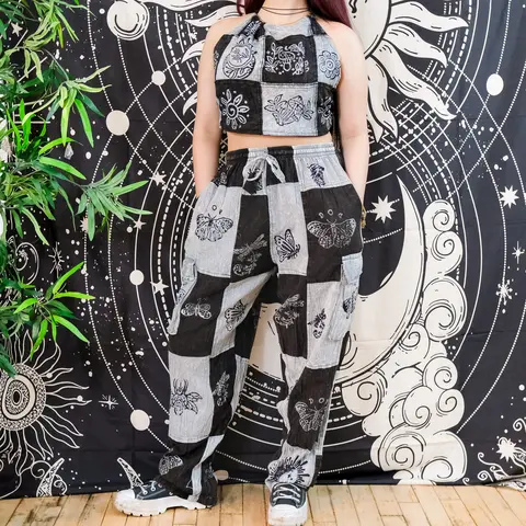 Women's Gothic Patchwork Cotton Cargo Pants - Adjustable, Baggy, Straight Style, Handmade Block Print, Earthy Color, Hippie Bottom with Pockets, Festival Fashion, Plus Size Women's Clothing, Comfortable Perfect Fit