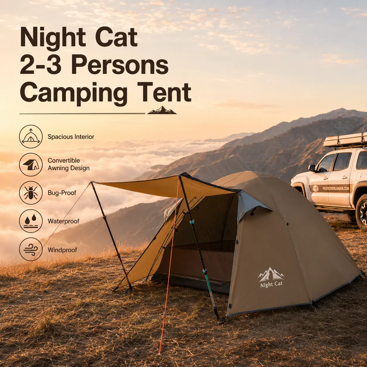 Night Cat Camping Tent 2-3 Persons with Porch Double Layers Waterproof Easy Clip Setup 7x6x4.3ft Outdoor Shelter Tent for Family Backpacking Essentials, Waterproof Tent Canopy, Outdoor Tents, Windproof Portable Tent