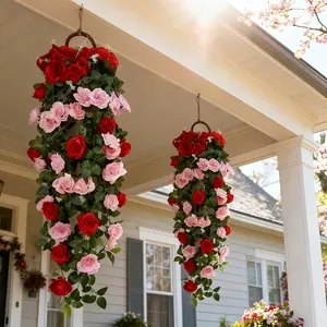 Large Outdoor Lifelike Artificial Flower Wall Hanging, Fake Hanging Plants, Rose Vine Fake Garland Decor, Dense Leaves, Christmas Garden Yard Decoration