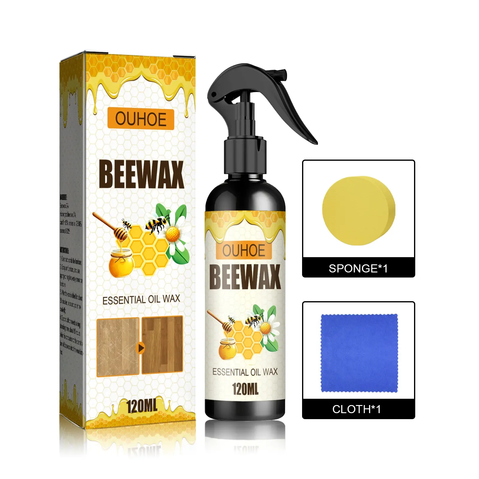 OUHOE 120ML Beeswax Spray - Household Multi-purpose Care Wax for Furniture, Floors, with Polishing, Waterproofing, Anti-cracking, Scratch-resisting, Refurbishing Functions, Includes Sponge, Cloth