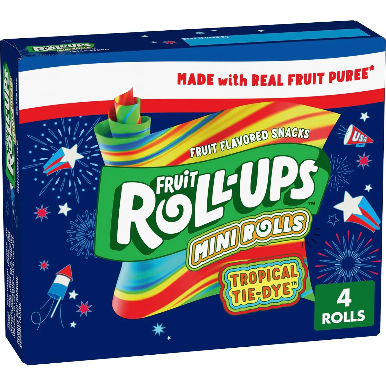 Fruit Roll-Ups Mini Rolls Tropical Tie-Die Fruit Snacks, 4 ct, 0.37 oz | Gluten Free & Gelatin Free, Individually Wrapped for Lunchboxes & On-The-Go