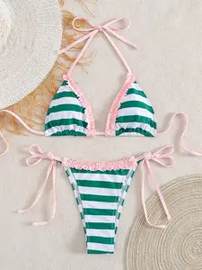 Women's Two-Piece Swimsuit Set, Vacation Beach Wear, Comfortable Fit, Sexy Striped Halter Neck, Ideal for Pool Parties, Bikinis Sets
