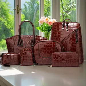 6pcs PU Leather Crocodile Embossed Women's Bag Set-Includes: Backpack, Tote Bag, Shoulder Bag, Clutch, Keybag, Wallet