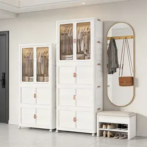 Foldable Closet Storage Cabinet with Wheels & Doors – Stackable Plastic Organizer, Dustproof Waterproof Wardrobe Storage for Bedroom, Closet & Dorm