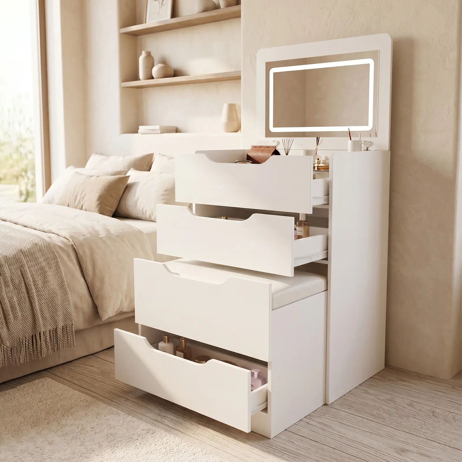 Flip-top design 3-in-1 Vanity with Mirror and Lights, Modern Compact Vanity Table with 3 Storage Drawer, Small Makeup Vanity Desk,  Cushioned Stool for Bedroom, Cloakroom (White), 3‑Temp Lighting