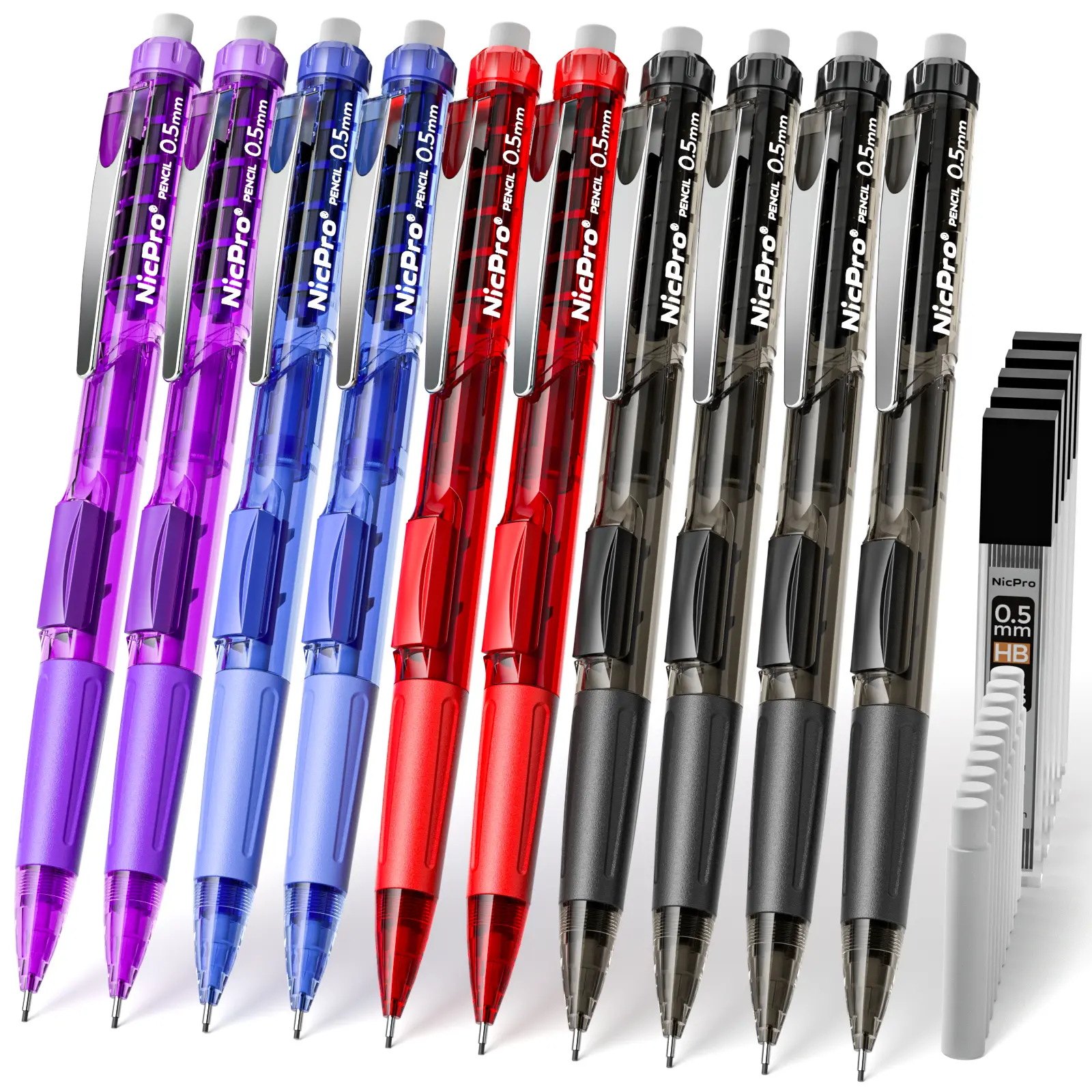 Nicpro 0.5 mm Art Mechanical Pencils Bulk Set, 10-Pack Colored Rotate-Erase Fast-Click Lead Mechanical Pencils with 5 Tubes HB Lead Refills, 10 Eraser Refills, Lead Mechanical Pencil