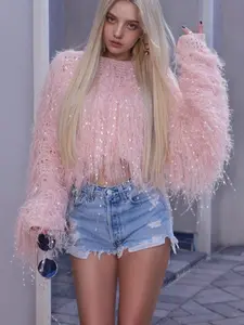 Women's Plain Chic Tassel Trim Drop Shoulder Crop Sweater, Fashion Casual Long Sleeve Boat Neck Jumper for Fall & Winter, Women's Knitwear for Daily Wear