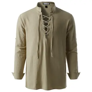 ZEROYAA Men's Medieval Vintage Long Sleeve Lace Up Shirt Renaissance Costume for Halloween Viking Pirate Cosplay Casual Menswear Funny Shirts Cotton High Quality Beige V-Neck Banded Collar Roll-up Sleeves