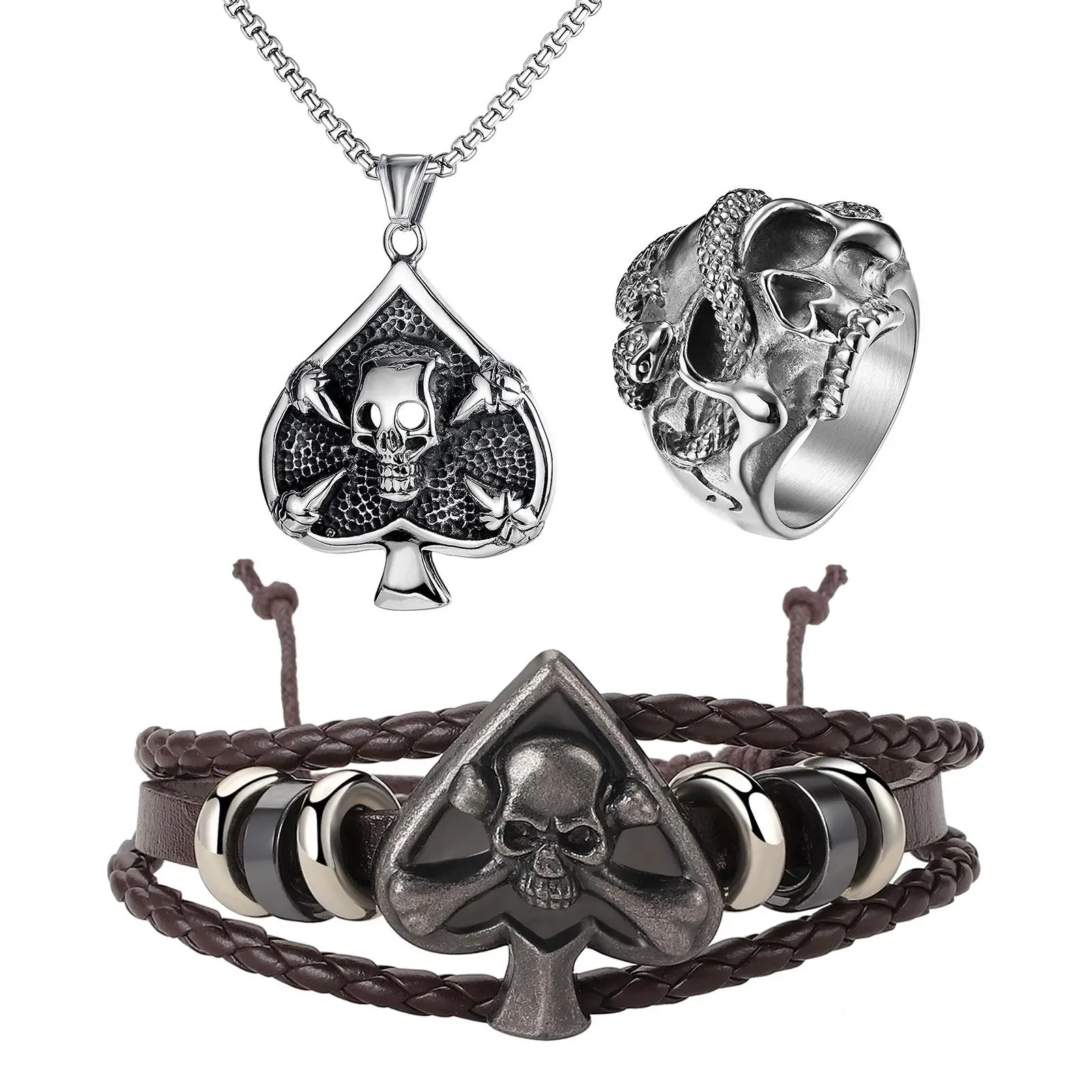 OIDEA Gothic Skull Ace of Spades Jewelry Set for Men, Stainless Steel Poker Card Necklace, Braided Leather Bracelet and Snake Ring