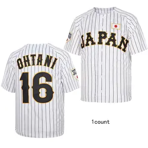 Men's Ohtani #16 Japan Hip Hop Short Sleeves Baseball Jerseys Terylene Embroidery Sports Shirt Striped Baseball Jersey V-Neck Clothing Apparel