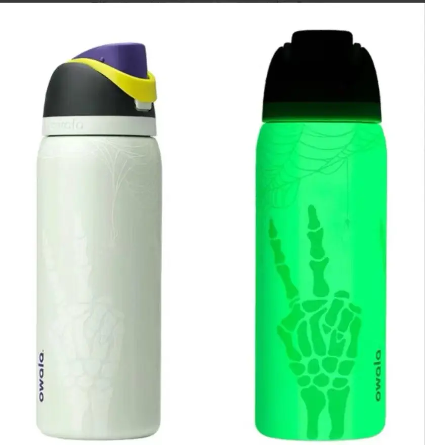 Owala 32oz (500-1,000 ml) Glow-in-the-Dark FreeSip Insulated Stainless Steel Bottle - Halloween Skeleton Hand, Straw, Casual Sporty Chic for Adults' Gym & Back to School Haul, Daily Hydration
