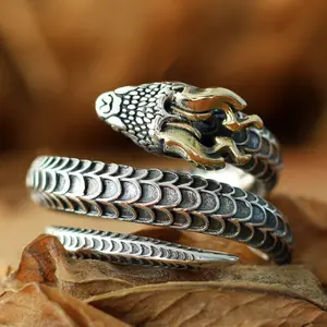 【JOYCE DESIGN】Thai silver snake ring looks like a dragon with horns. The ring has multiple rings and can be adjusted. It has a retro and personalized style.