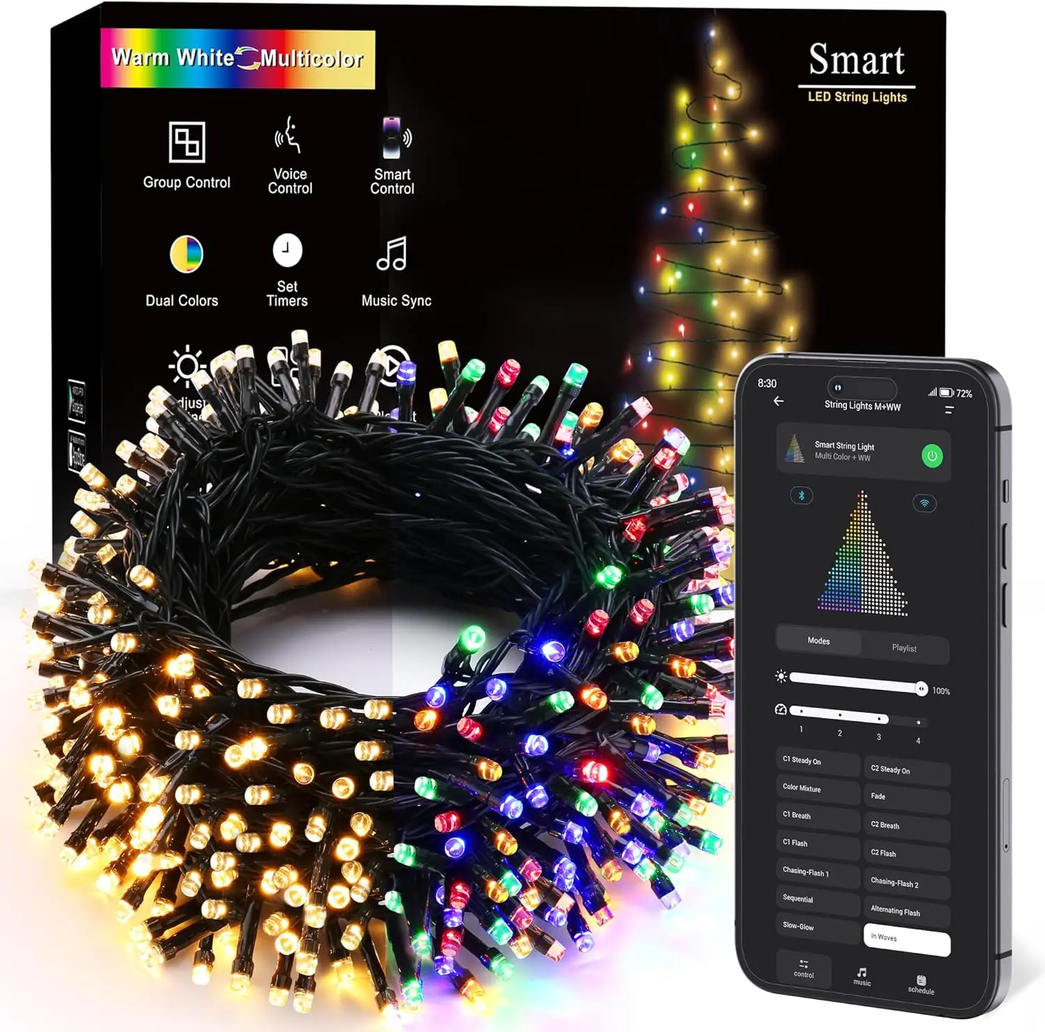 BrizLabs Smart Christmas Lights Color Changing String Lights APP/Voice Control, Warm White & Colored Dimmable Christmas Tree Light Music Fairy Light for Xmas Indoor Outdoor Home Decor