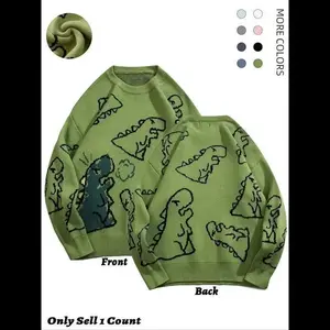 Men's New Trendy Round Neck Long Sleeve Dinosaur Sweater, 1 Count Lounge Loose Crew Neck Jumper for Fall & Winter, Casual Men's Knit Clothing for Daily Wear Knitwear Menswear