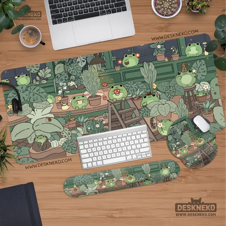 Kawaii frogs Desk Mat, Large gaming Mousepad xl, Cute Mouse Pad Anime Aesthetic, Cozi lofi plants nature green, xxl extended deskmatplaymat, Desk Mat Gifts