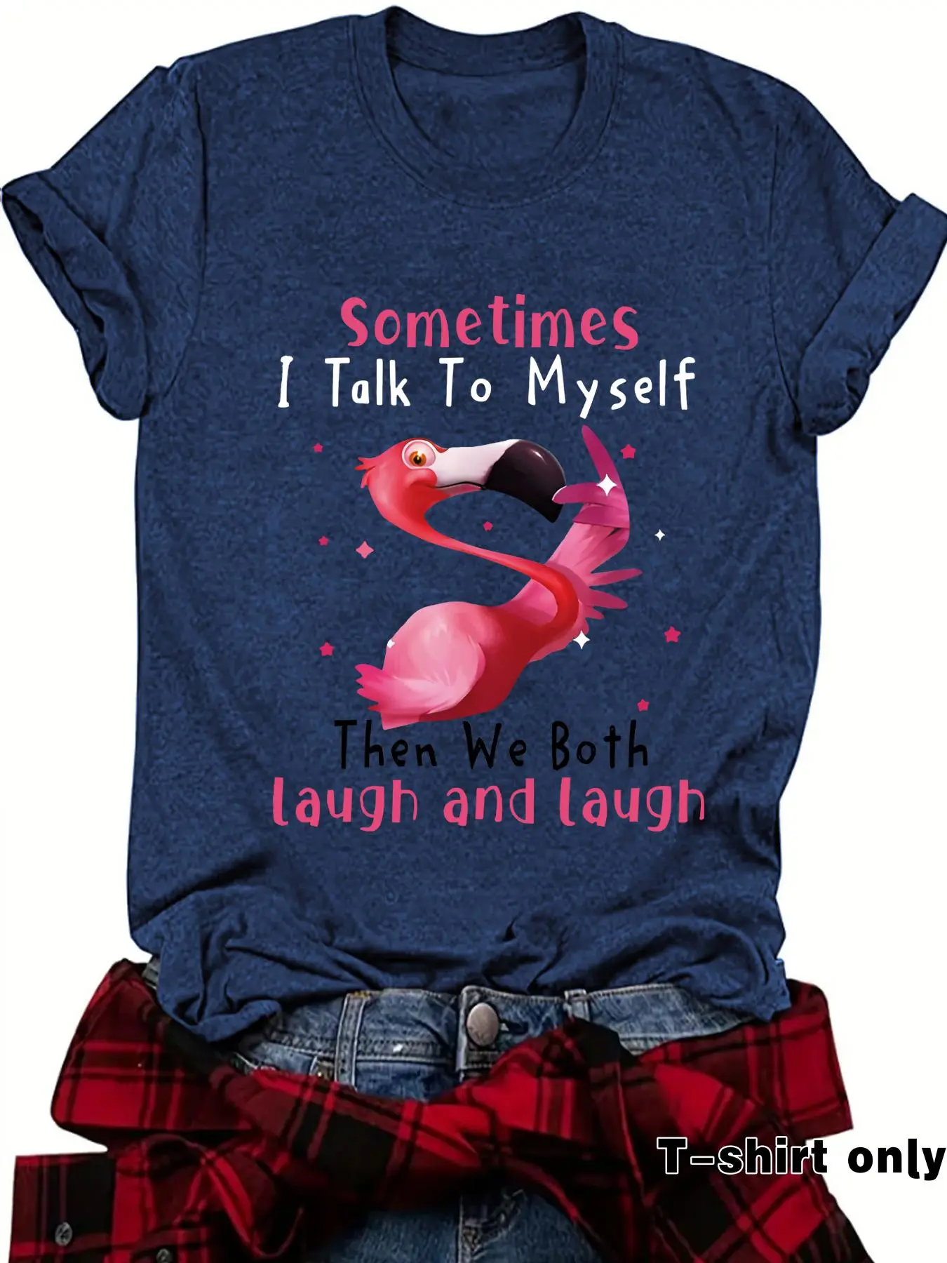 Women's Flamingo Print Round Neck Tee, Fashion Casual Fitted Lightweight Crew Neck T-Shirt for Daily Holiday Vacation Outdoor Wear, Ladies Clothes for Spring Tops, Casual Crewneck Tops
