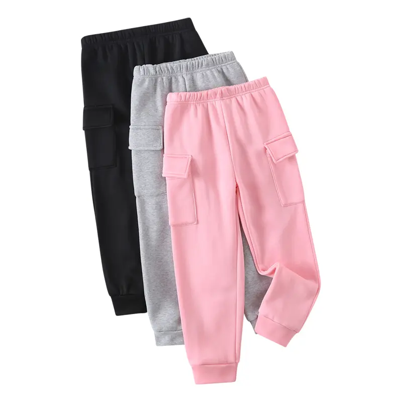 3-piece girls' autumn solid color elastic waist sports girls' children's clothing 4-14 years old children's warm, simple and fashionable autumn and winter children's sports jogging pants Matching Shorts