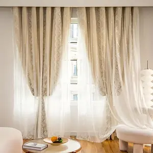 1pc European Style Lace Curtain, Dual Layer Fabric with Complex Floral and Wave Edges, Romantic Embroidery for Living Room and Bedroom