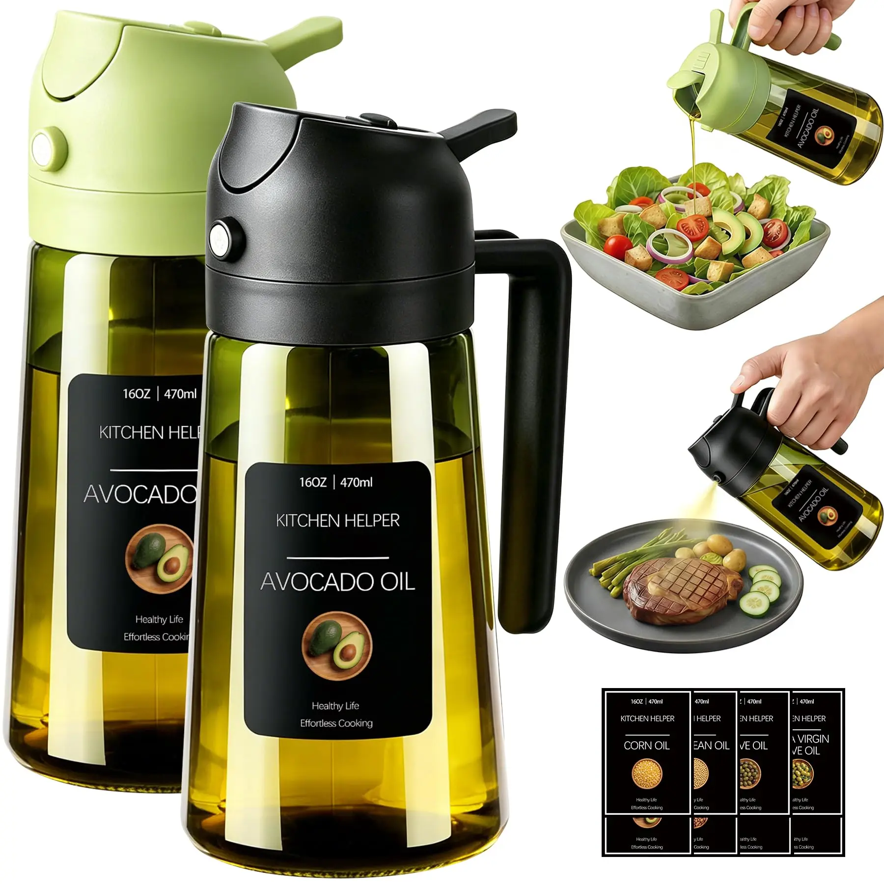 2 in 1 Olive Oil Sprayer for Cooking & Camping, 16oz Light-Proof Oil Dispenser, Leak-Proof Portable Oil Spray Bottle for Outdoor BBQ, Picnic, Grilling, Air Fryer, Salad, Baking, Kitchen Helper - Black & Green